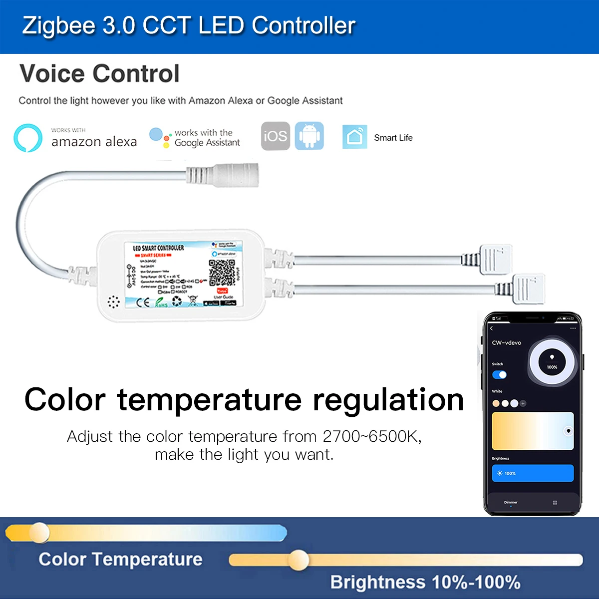 Светодиодная лента Zigbee3.0 2700-6500K 24 в 1-10 м CCT COB с регулируемой яркостью светодиодов/м