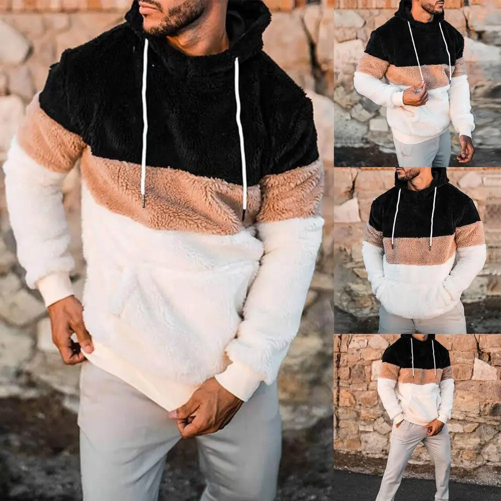 

Men Patchwork Pullovers Sweater Stylish Front Pocket Warm Hooded Sweatshirt Autumn Winter Pullover Hoodie Color Block for Travel