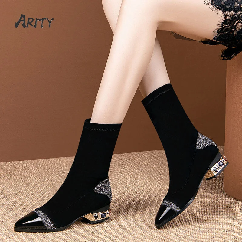 

Женские эластичные ботинки средней длины, носки, водонепроницаемые ботинки с острым носком, короткие ботинки на массивном каблуке стразы, б...