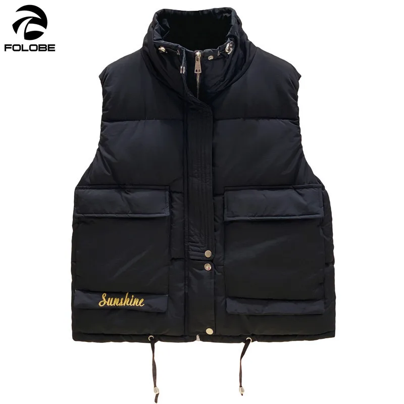 

FOLOBE 2020 Autumn Winter Solid Loose Vest Women Button Stand Collar Vest Jacket Cotton Bread Padded Windproof Warm Waistcoat