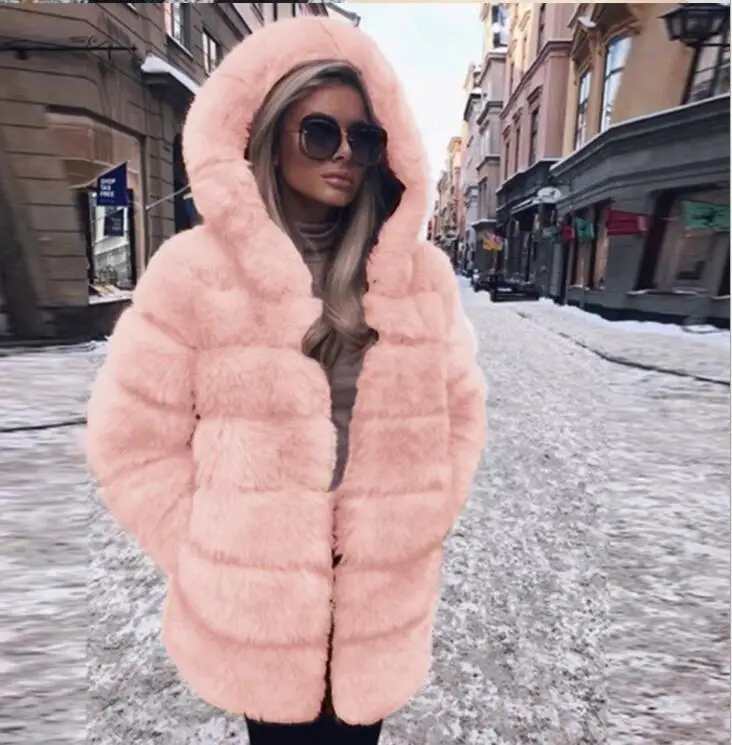 pink color Женское зимнее пальто из искусственного меха, удобная куртка с открытым передом и капюшоном, плотная однотонная теплая верхняя одежда с длинным рукавом, пальто размера плюс - Цвет: pink color