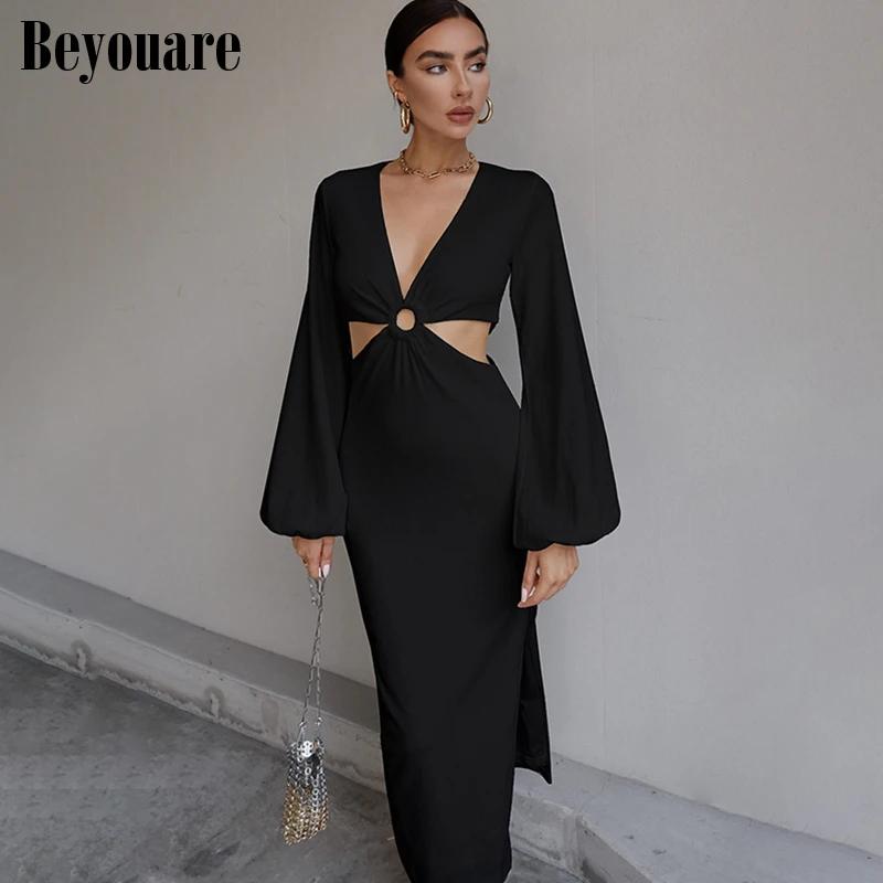 

Beyouare Lantern Sleeve Hollow Out Split Dresses Women Sexy V Neck Backless Korean Fashion Evening Gala Midi Dress Autumn 2021