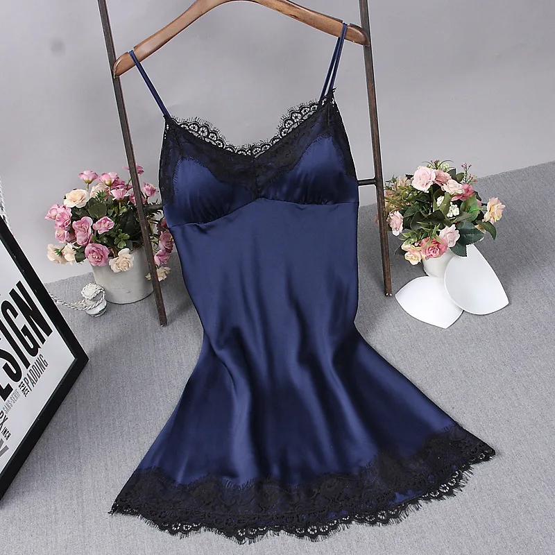 Пикантная Темно Синяя Женская шелковая пижама для сна топ на бретельках Ночная