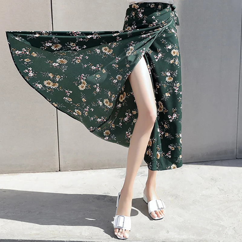 Сексуальная шифоновая длинная юбка летний цветочный пояс один размер Дамы