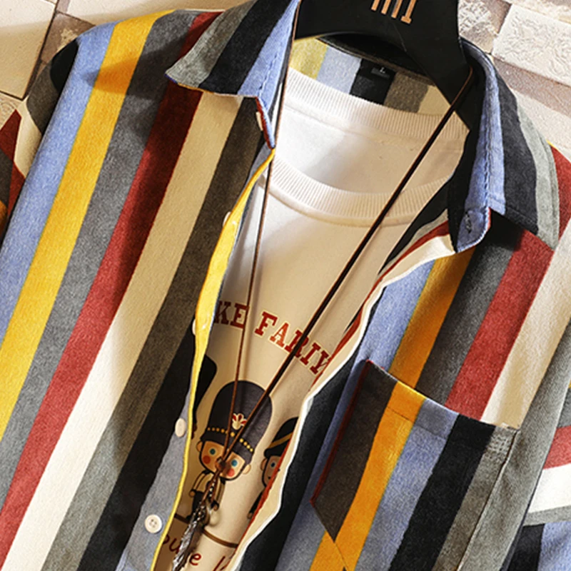 2020 New Japanese Multicolor Striped Men Shirt Fashion Loose Pure Cotton Long Sleeve Shirts Casual Beach Pocket Large Size | Мужская