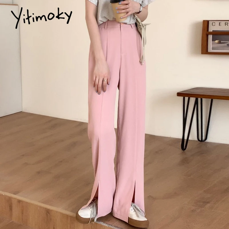 

Yitimoky High Waist Wide Leg Pants Women Zipper Fly Casual Unicolor Slit Trousers 2021 Spring Summer Korean New Pant Pink Black