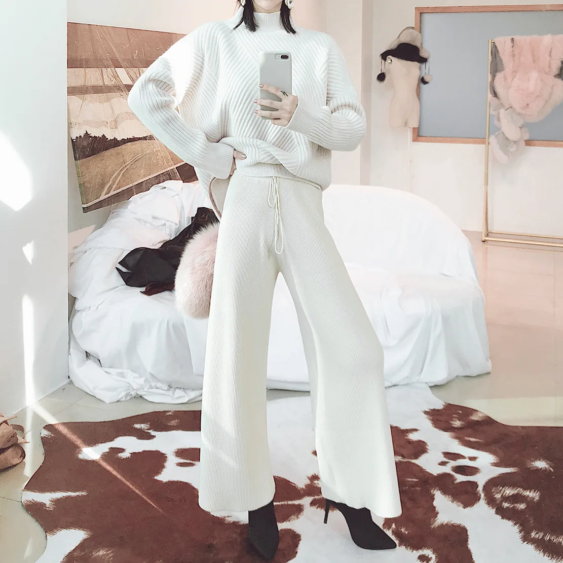 High Waist Women Wool Pants Korean White Soft Elegant Wide Leg Basic Warm Chic Casual Elastic Sweater for Girl |