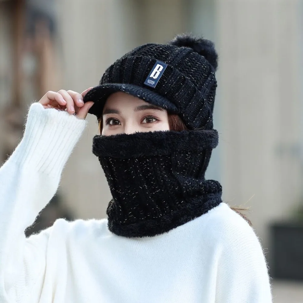 Зимние шапки для женщин Skullies Beanie, зимняя шапка для девочек, шерстяной шарф, шапка, набор s, Балаклава, маска, шапка, вязаная шапка