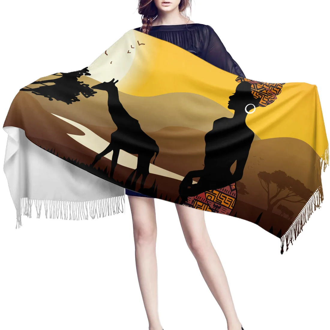 Женский зимний шарф Африканская женщина силуэт жирафа женские кашемировые шарфы