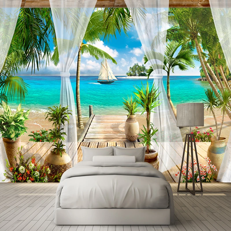 Пользовательские 3D фото обои балкон песчаный пляж вид на море гостиная диван
