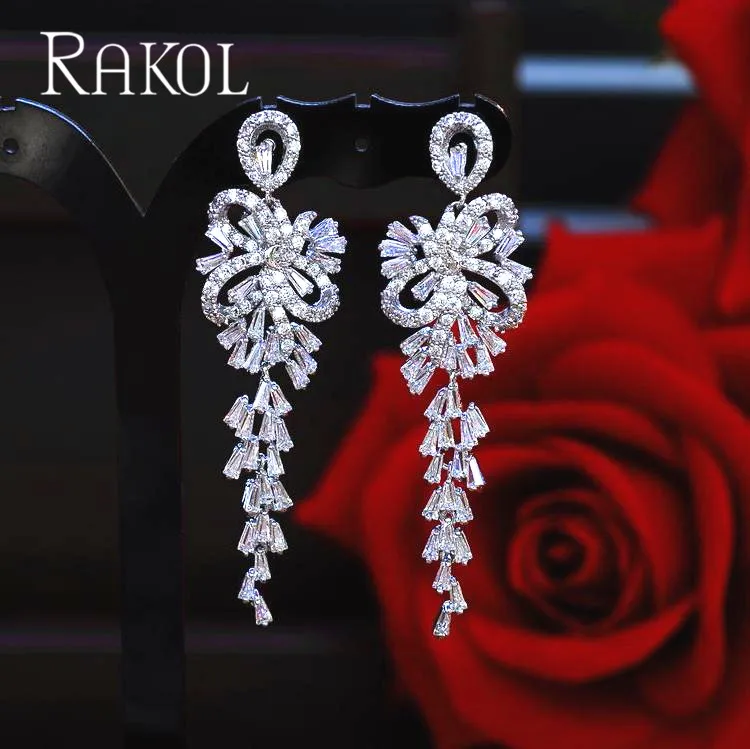 RAKOL Дубай AAA+ кубический цирконий цветок Кисточки Висячие серьги комплект Винтаж розовое золото цвет свадебные украшения Рождественские подарки