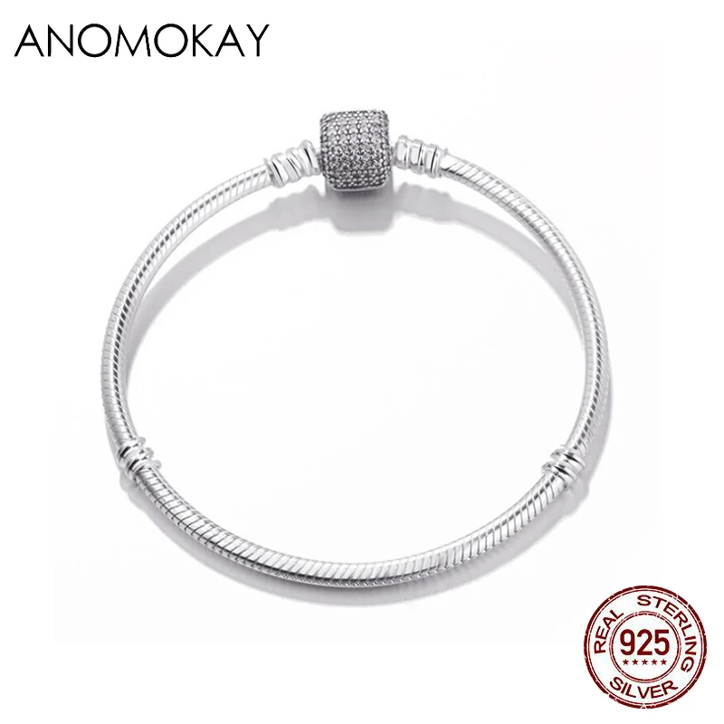 Silver Anomookay, классика, серебро, 925 пробы, базовый браслет, цепочка с серебряной застежкой в виде змеи, подходит для шарма, браслеты и ожерелья - Окраска металла: Silver