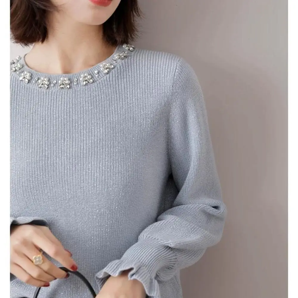 

Autumn New Fashion Pearl O Neck Woman Knite Sweaters High Quality Thick Warm Women Winter Clothes Plus Size Elegant Pull Femme