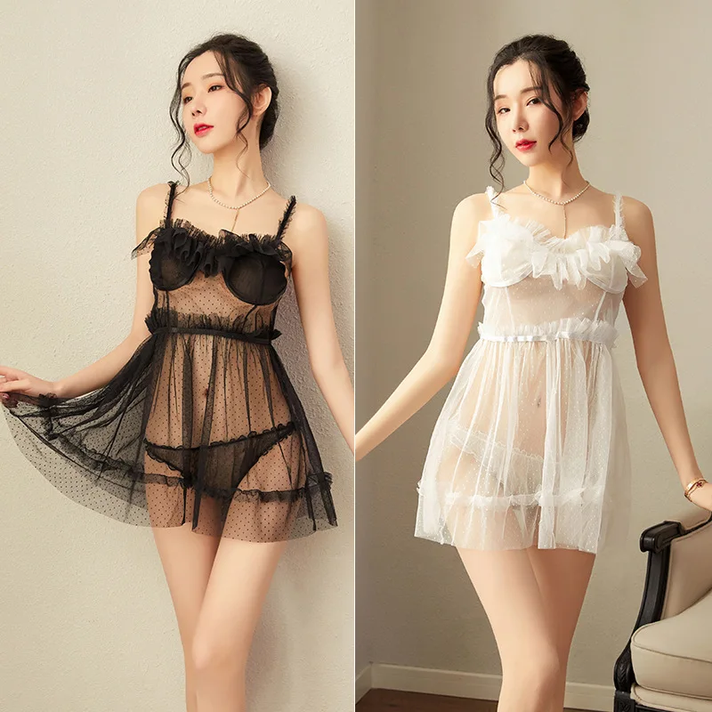 Чувственное нижнее белье, ночная рубашка для девочек дома, кружевная сетчатая прозрачная пижама в горошек с лямкой на шее и открытой спиной