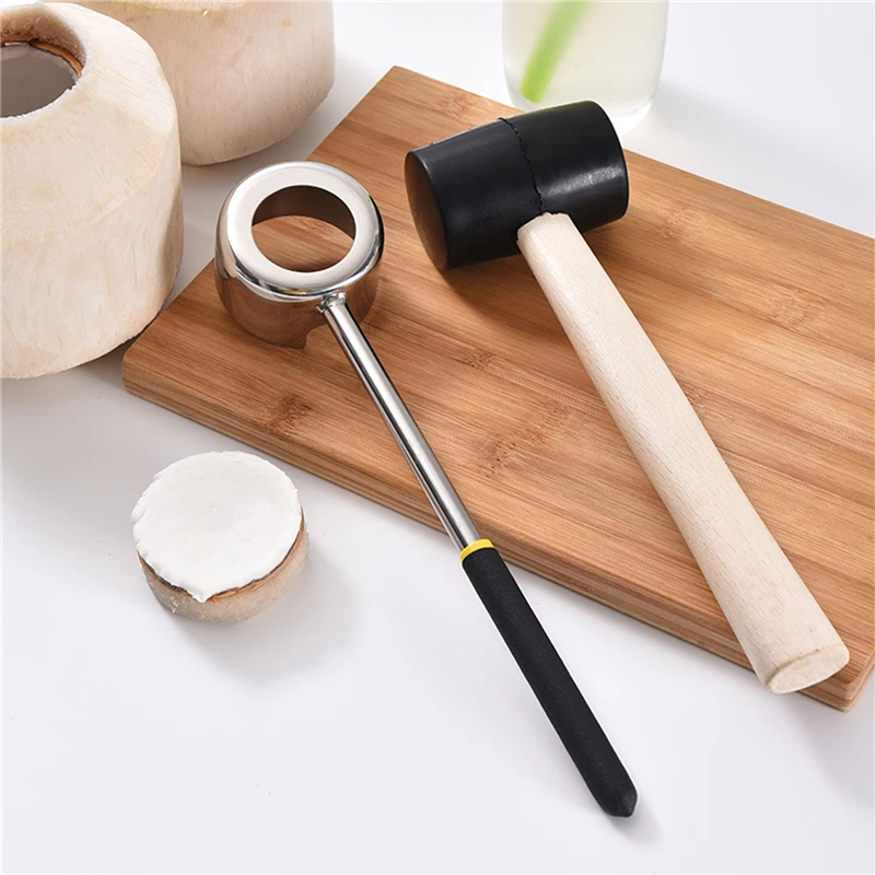 

Coconut Opener Tool Set Food Grade 304 Stainless Steel Opener Coconut Meat Tool Wooden Handle Rubber Hammer Easy To Use Durable