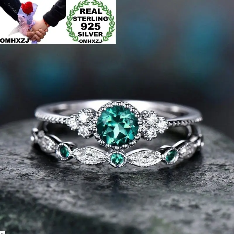 

OMHXZJ Wholesale European Fashion Woman Man Party Wedding Gift Luxury White Blue AAA Zircon 925 Sterling Silver Ring Set RR121