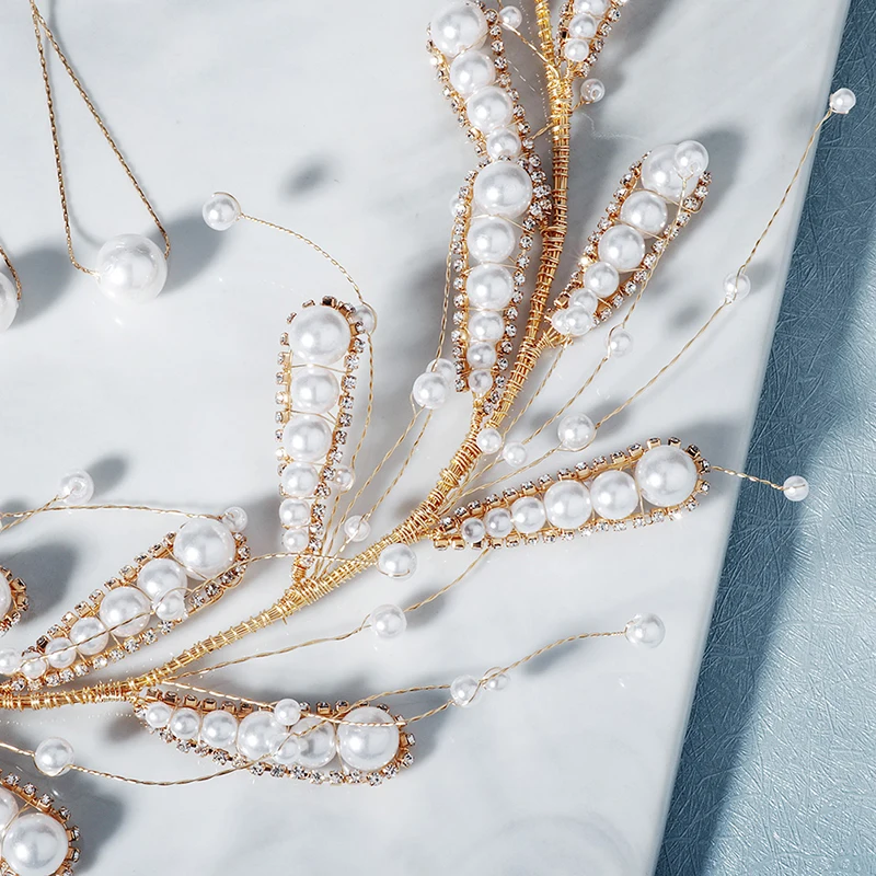 Женская повязка на голову с жемчугом и листьями золотистого цвета | Украшения