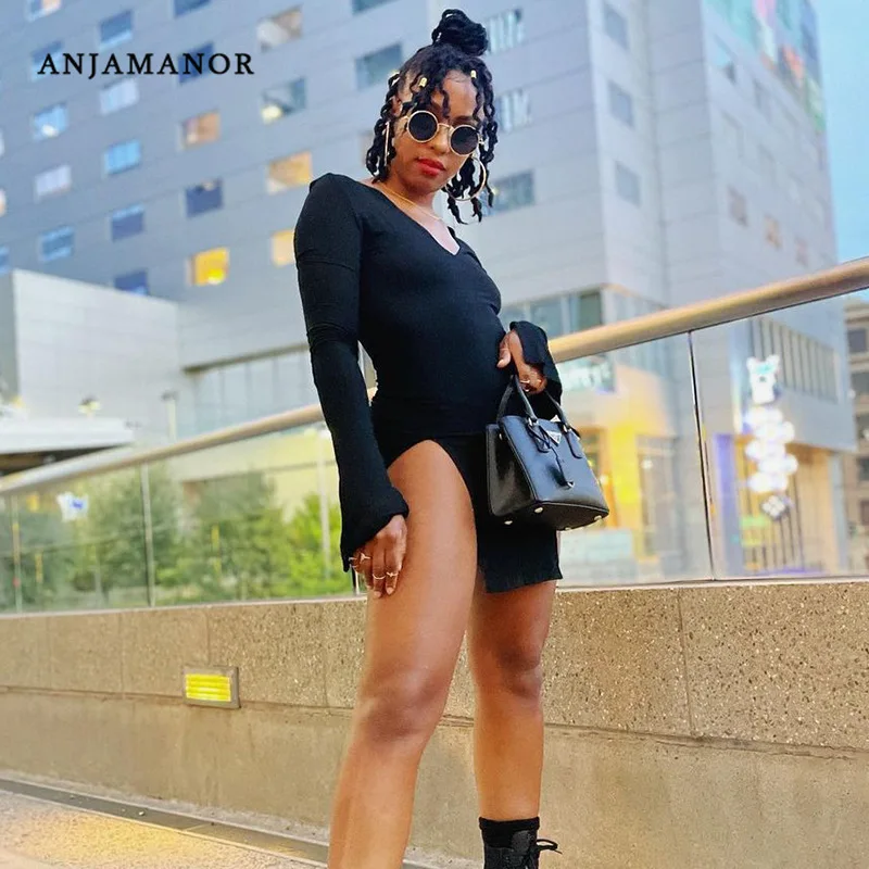 

ANJAMANOR Sexy Black Dresses for Women Fall 2021 Clubwear High Split V Neck Long Sleeve Bodycon Micro Mini Dress D85-BE20