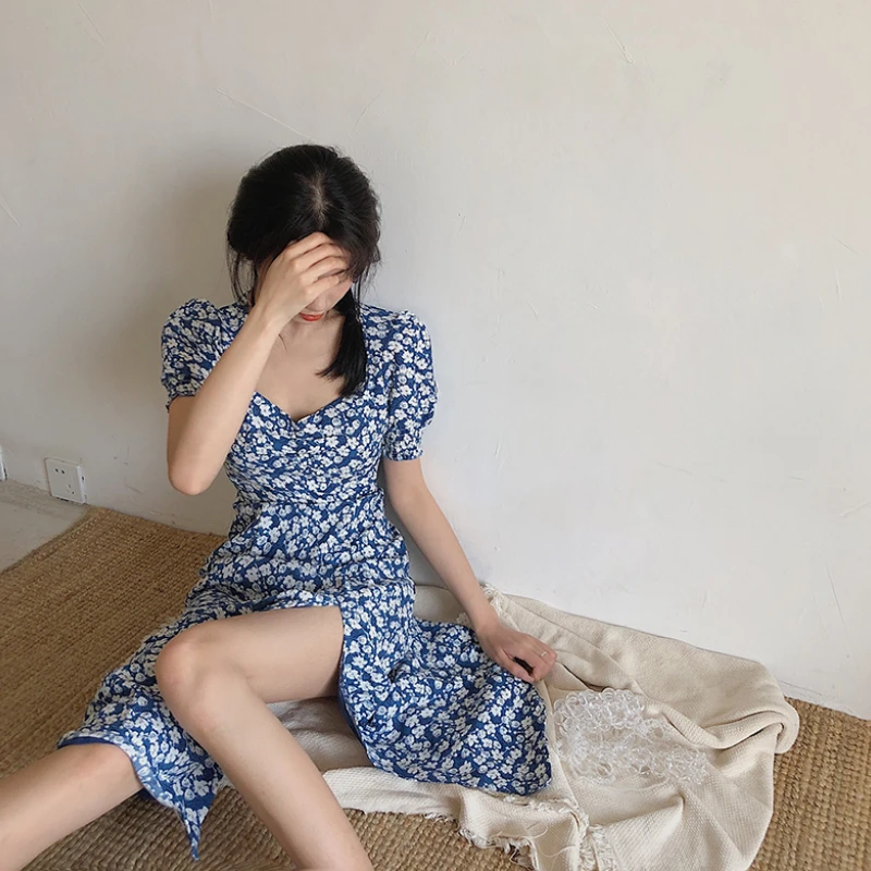 

Korean Style Vintage Boho V-Neck Beach Floral Midi Dress Split Design Women Short Sleeve A Line Chic Sexy Vestidos