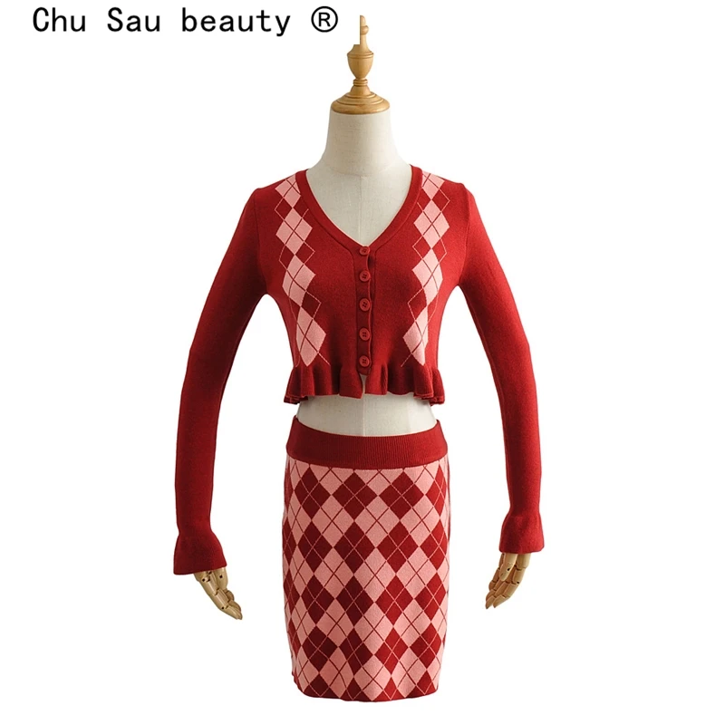 

New Fashion Spring Casual Chic Plaid Printed Knitted Cardigans Women Autumn V-neck Ruffles Sweaters Female Set