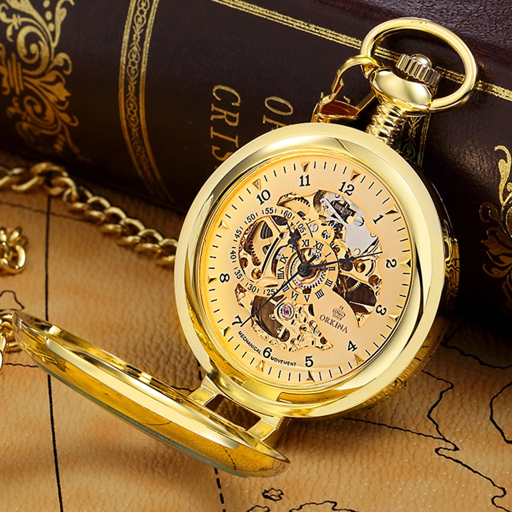 Luxury Golden Mechanical Pocket Watches Unique Hollow Steampunk Hand-winding Mechanical Fob Watch Flip Necklace Clock With Chain