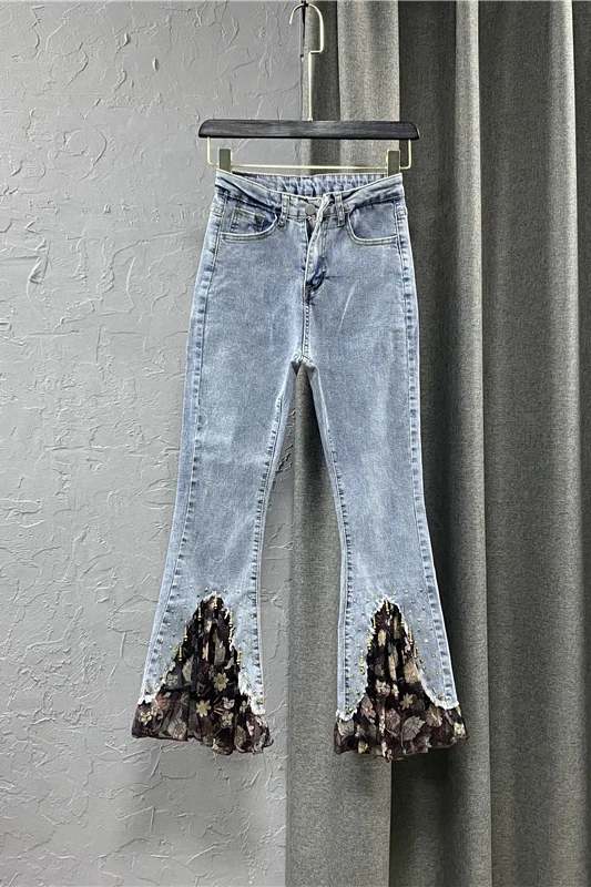 

2021 New Spring and Summer Clothing Chiffon Printed Stitching Bottom Pants Women Stretch Slim Denim Trousers Female Denim Pants