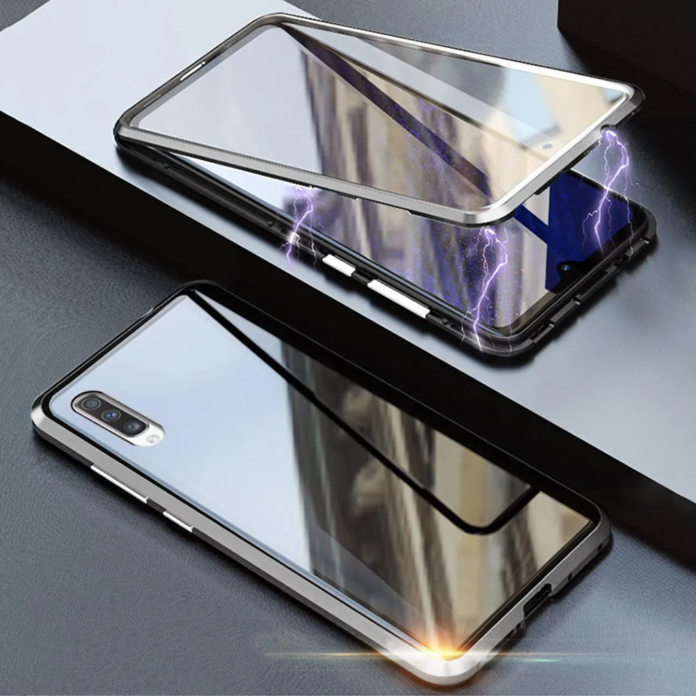 Магнитный чехол для samsung Galaxy A40 A70, чехол, противоударный бампер, двухсторонний, закаленное стекло, металлический чехол для samsung A 40 70, чехол