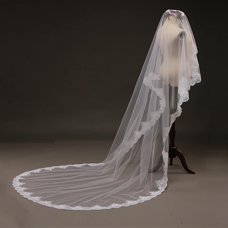 Свадебные аксессуары Длинная свадебная вуаль с кружевом высшего качества 1 слой