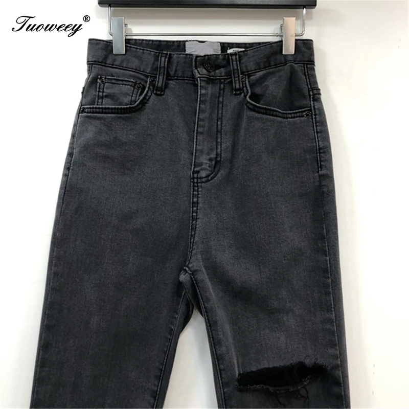 

Stretchable Jeans Female Skinny Denim Pencil Pants 2019 Autumn High Waist Women Button Fly Ripped Hole Black Jeans for Women