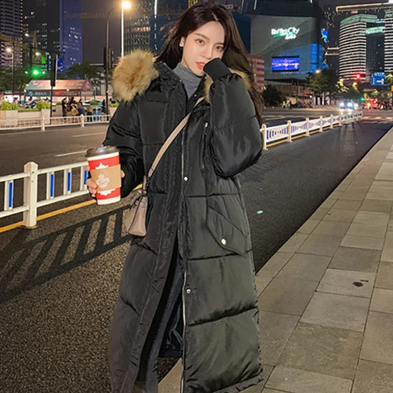 

Loose Overcoat Parkas Thicken Warm Down Cotton Padded Coat 2021 Winter Women Down Jacket Long Hooded Coats Female Oversize Green