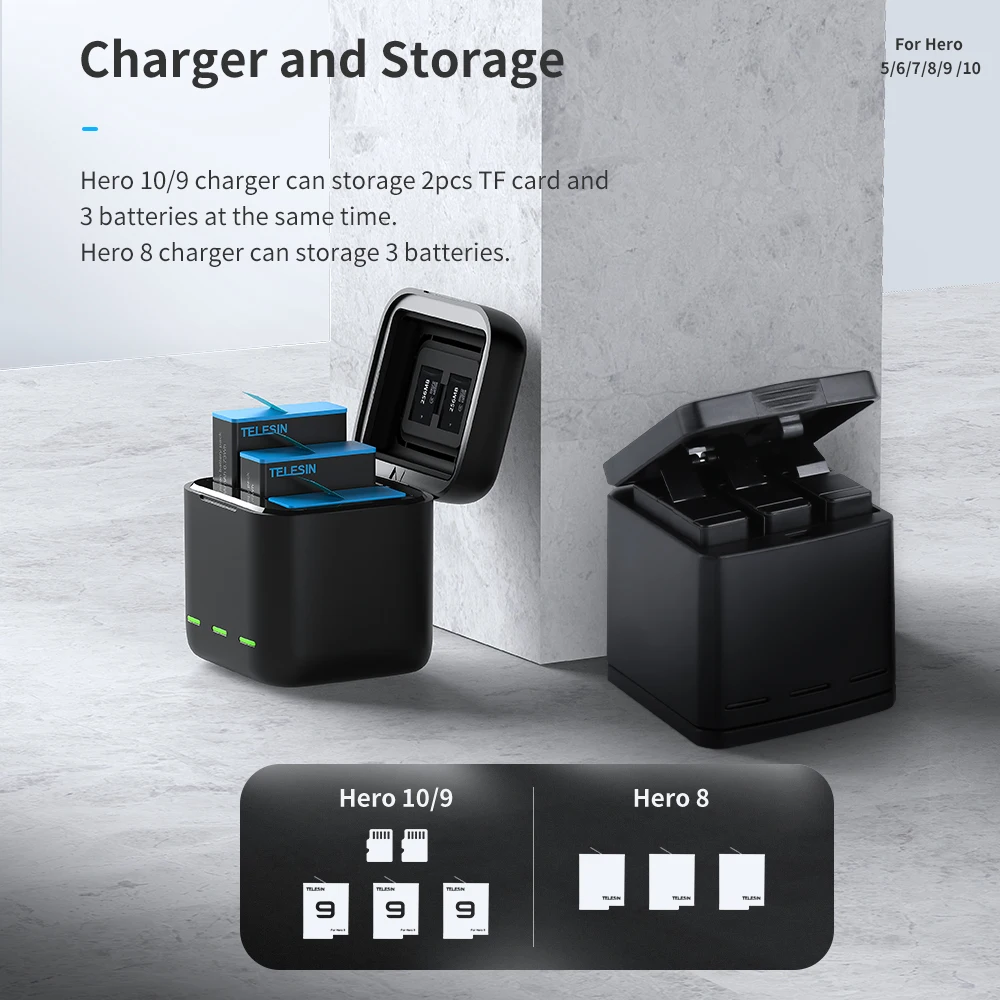 TELESIN Battery for GoPro Hero 10 9 8 7 6 5 3 Ways LED Light Charger TF Card Storage For Black | Электроника