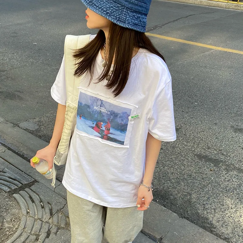 

Женская футболка с коротким рукавом, свободная футболка в Корейском стиле, модель F4278 на лето, 2021