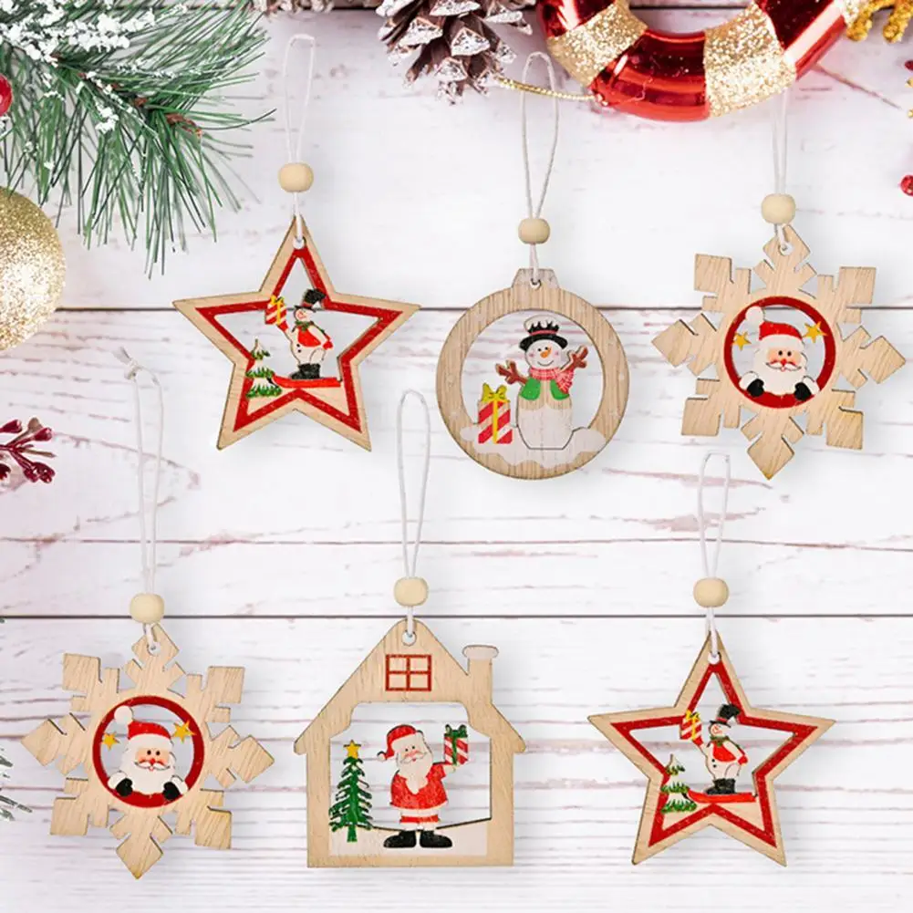 

12Pcs Hanging Decoration Snowflake Star Shape Decorative Delicate Christmas Hollow Wooden Pendant Home Decor Festive Supplies