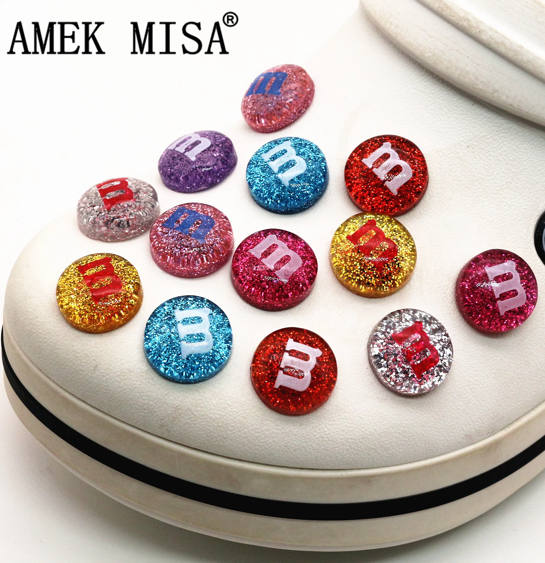 Dazzle Color Glitter M Bean Shoe Accessories 2020 Novel Shoe Buckle Charms Resin Croc Shoe Decoration fit jibz Kids Party Gifts