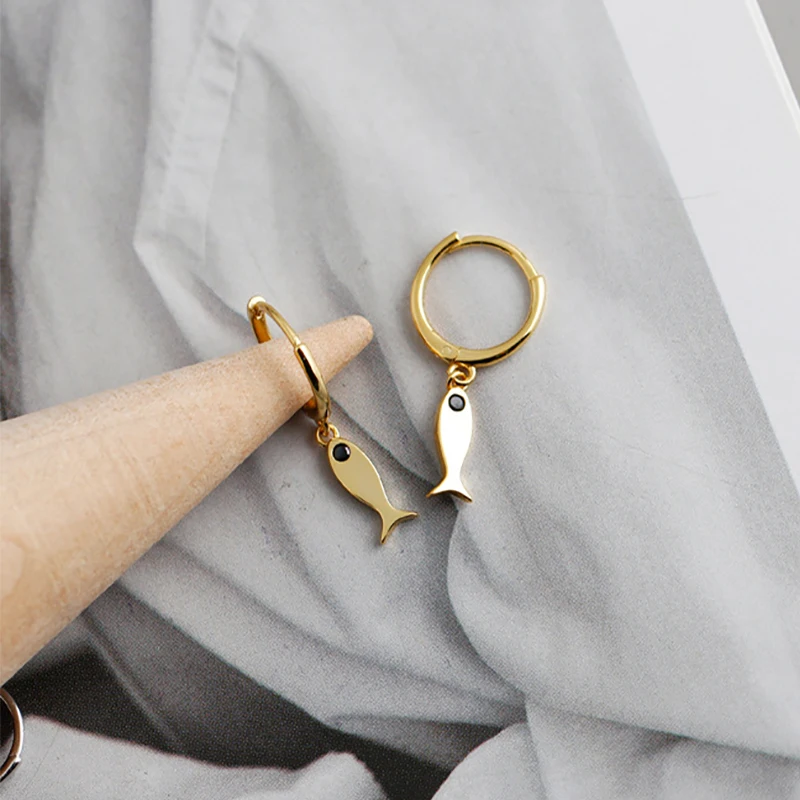 100% Стерлинговое Серебро 925 пробы золотой цвет морская рыба черные циркониевые