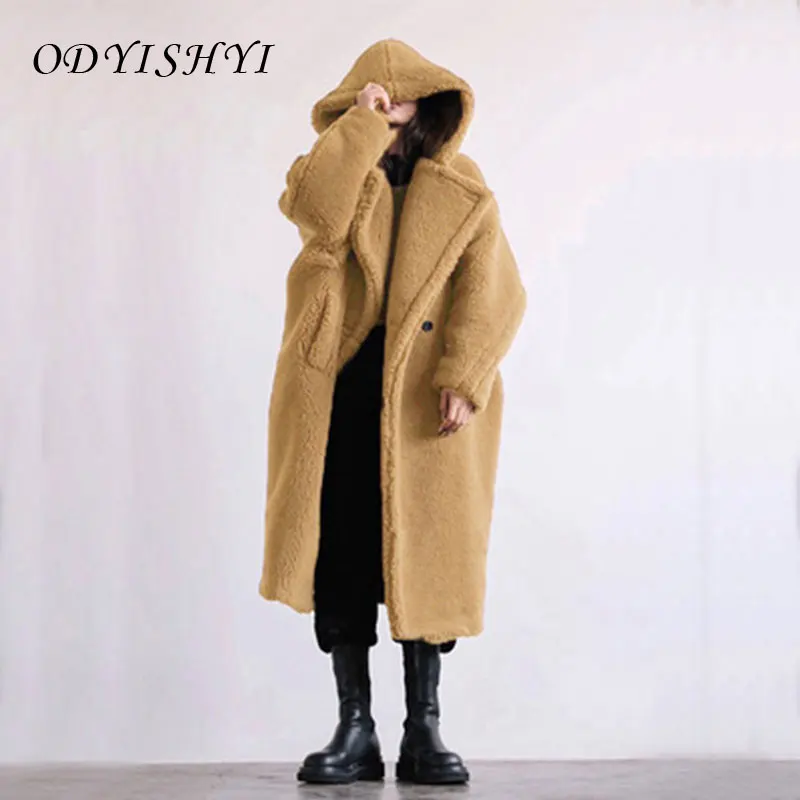 

2021 Women Luxury Teddy Jacket Thick Winter Hooded Imitation Lamb Fur Coat Plus Size Warm X-Long Faux Fur Jackets Loose Female