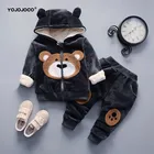 Детская одежда на возраст 0-4 года, зимний бархатный плотный теплый костюм, свитер с капюшоном с милым медведем для маленьких мальчиков и девочек, костюм из двух предметов