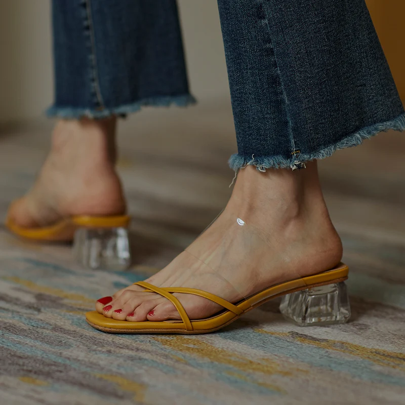 

Transparent med heels ladies slippers Genuine leather Mules Shoes Women slippers Spring Summer Pumps Nigh Club Shoes Woman