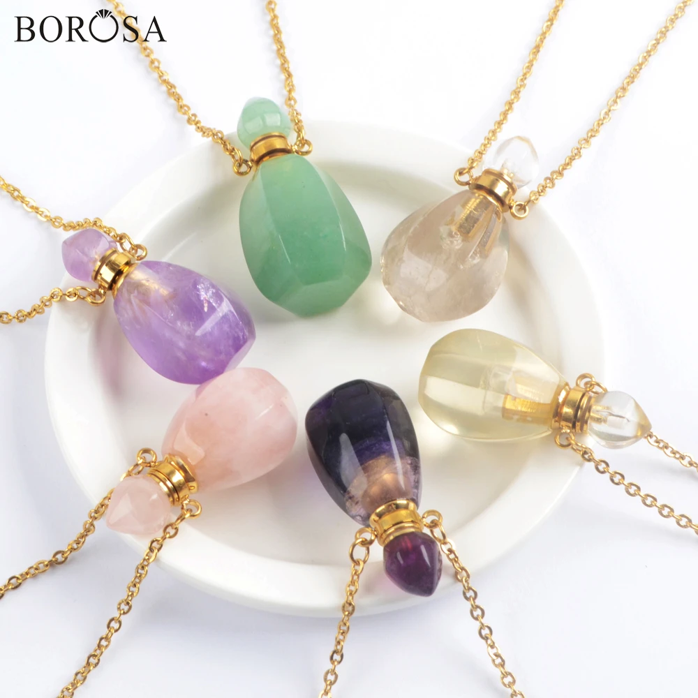 

BOROSA 3Pcs Gold Gems Stones Perfume Bottle Pendant Necklace Diffuser Faceted Crystal Fluorite Perfume Bottle Necklace WX1605