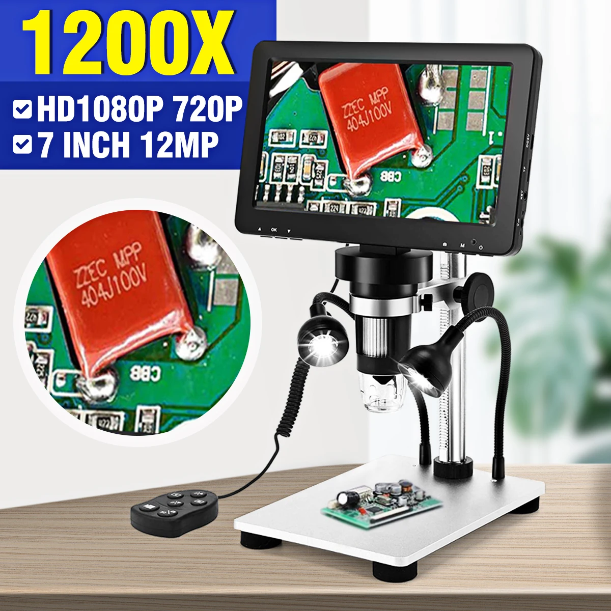 

12MP 1-1200X LED Digital Microscope for Soldering Electronic Microscopes Continuous Amplification Magnifier 7 inch HD Display