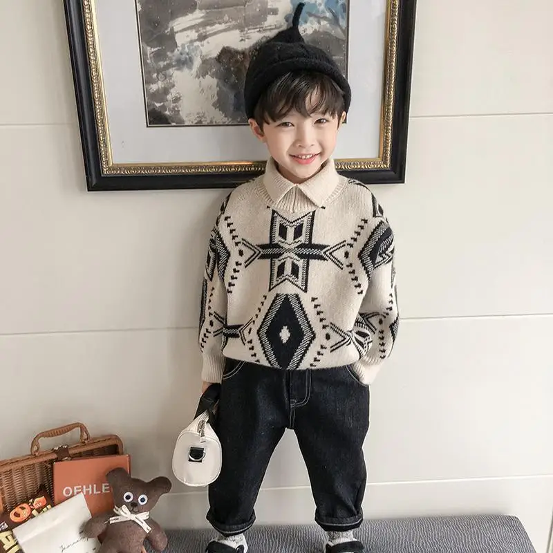 

Geometry Knitting Spring Autumn Winter Sweater Baby Boys Kids Children's Warm Plus Velvet Thicken Top High Quality