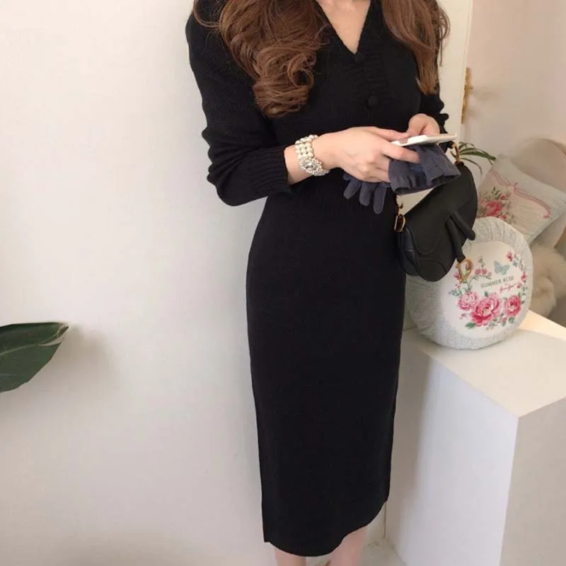 

Women 2020 New Korean V-Neck Long Knitted Sweater Midi Dress Slim Office Ladies Dress One-Piece Autumn Winter Knit Sweater Dress