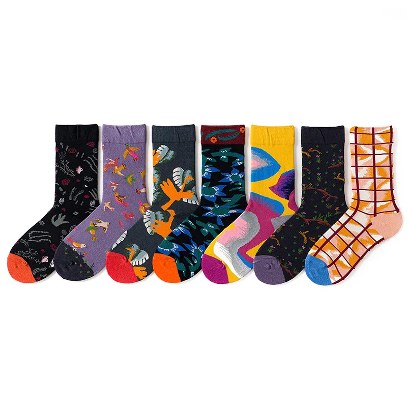

7 Pairs Seasons Personality Creativity Design Happy Socks Male Cartoons Street Skateboard Funny Socks Men Breathable Fuzzy Socks