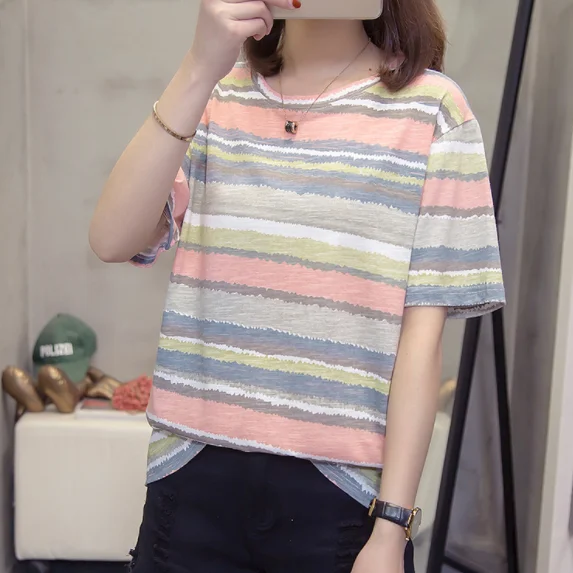 Футболка в полоску размера плюс женские свободные футболки летняя одежда с