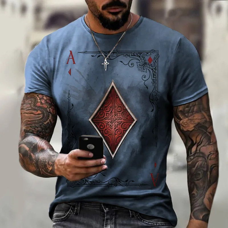 

2021 Summer Men's 3D Printing Playing Card Fashion Clothing Round Neck Breathable Street Style T-shirt