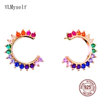 13 mm solid real 925 sterling silver half circle earrings with rainbow zircon plated by rose gold color round fine jewelry