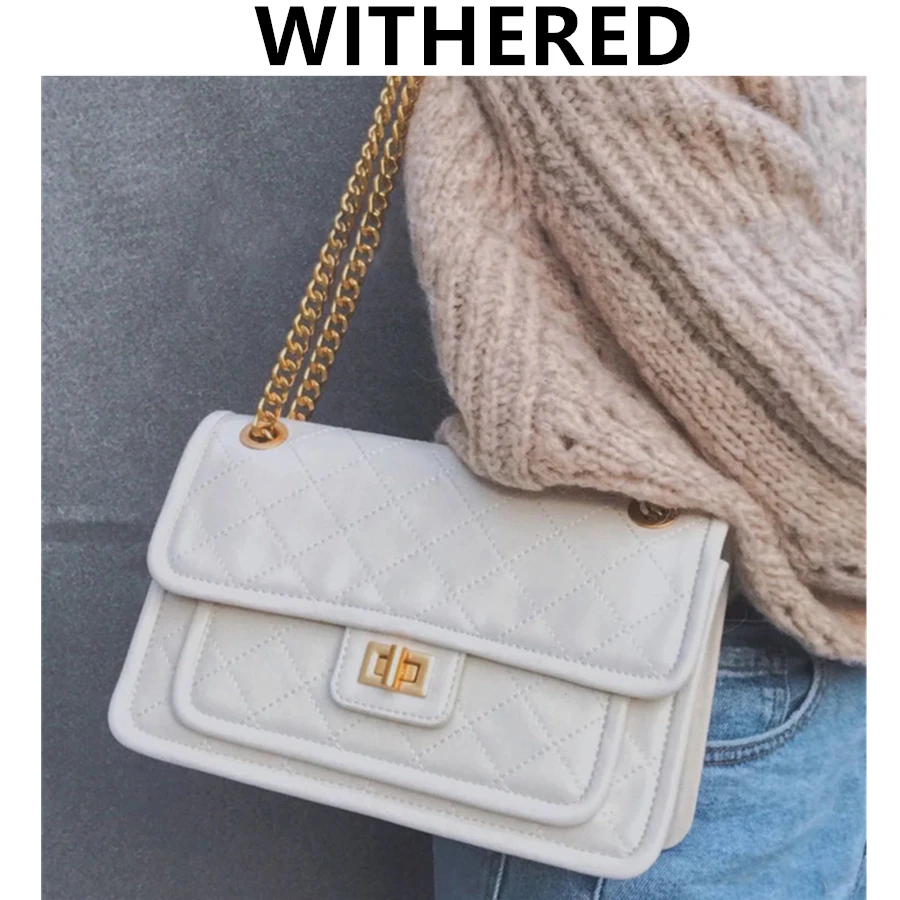 

Withered 2021 SS Ins Vintage Bag Women England Style Fashion France Elegant Rhombic Grid Pure Color Chain Bag Satchel Bags Women