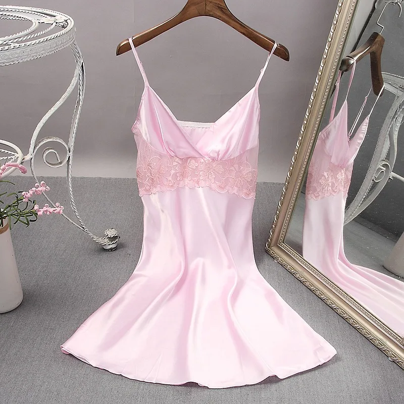 Summer Women's Nightdress Silk Like Home Wear Sexy Slit Nightgowns Solid  Lace Sling Nightwear Lingerie Sleeping Dress Sleepwear