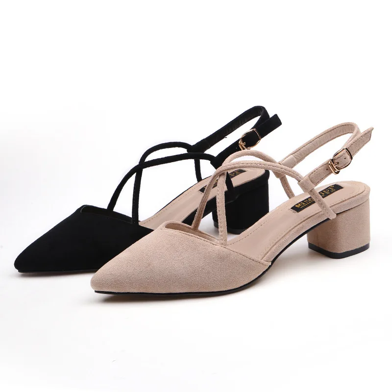 Pumps Shoes Women 2019 Summer Sandals Solid Flock Square High Heel Pointed Sandal Female Sexy Party Leisure Fashion Trend | Обувь