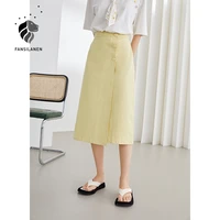 fansilanen office lady 100 cotton yellow a line high waisted skirt women long korean split high waisted buttoned a line skirt